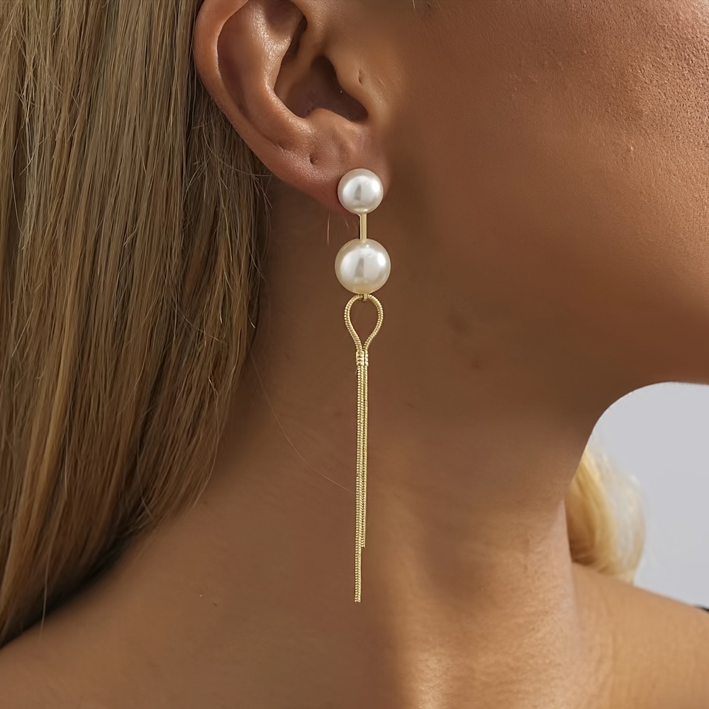 

1 Pair Of Dangle Earrings Inlaid Faux Pearl Trendy Long Tassel Design Match Daily Outfits Evening Party Decor Dupes Luxury Jewelry