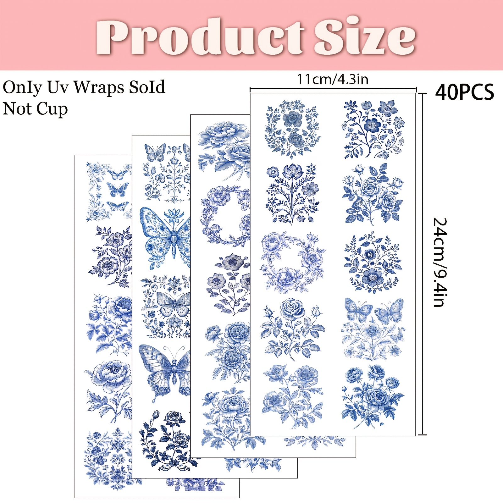 TEMU 40 Sheets/set Blue And White Porcelain Style Floral Pattern Transfer - Suitable For Crafts, Mugs, Laptops, And Water Bottles, Self-adhesive
