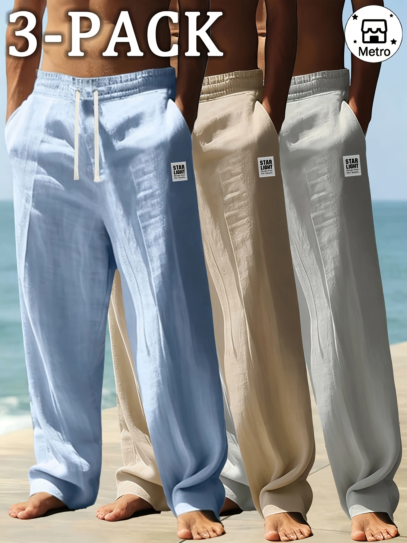 mens 3pcs casual pants lightweight breathable drawstring waist trousers for beach vacation summer daily wear