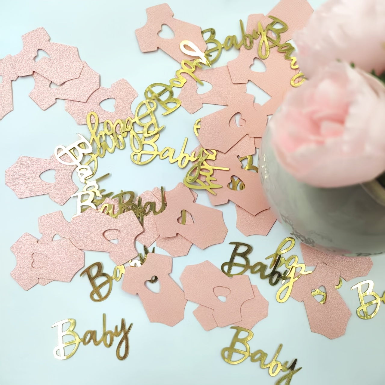 Image of 98pcs Of Pink Clothes With Golden "" Lettering Gender Reveal Party - Table Decoration - Gender Reveal Confetti, For Christmas, Halloween