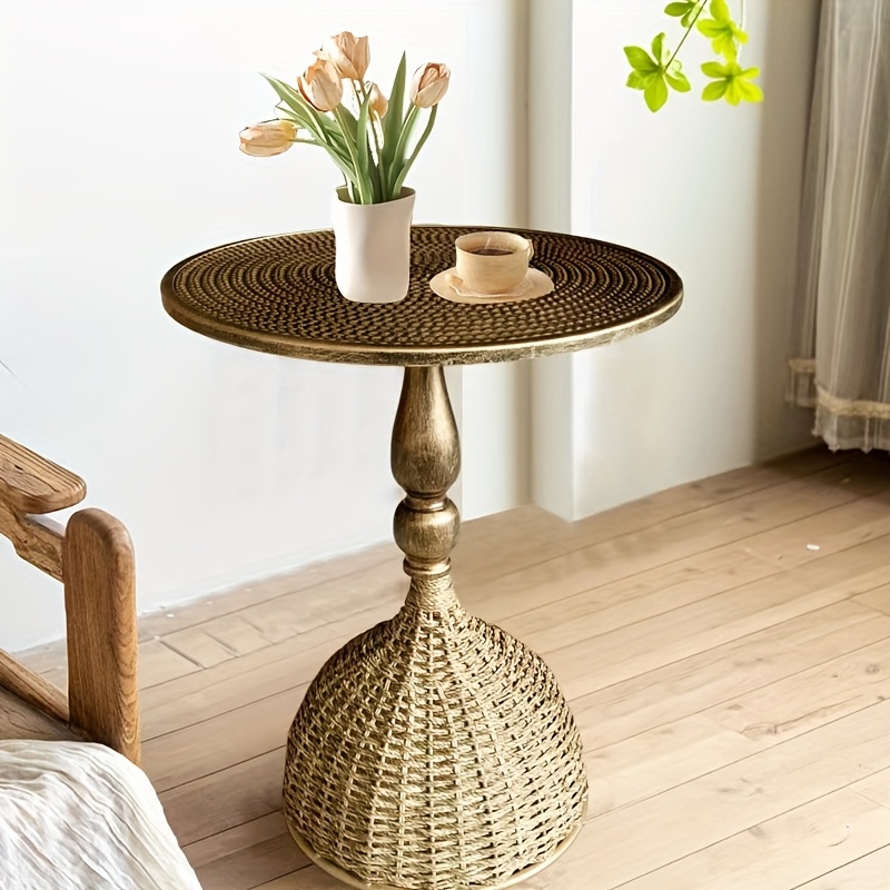 Handcrafted Wicker Iron Artistic Water Grass Rope Braided Tea Table Side Table Flower Rack Living Room Sofa Side Table Study Room Balcony Inn Outdoor Coffee House Bar, Garden Patio Bedroom Decoration