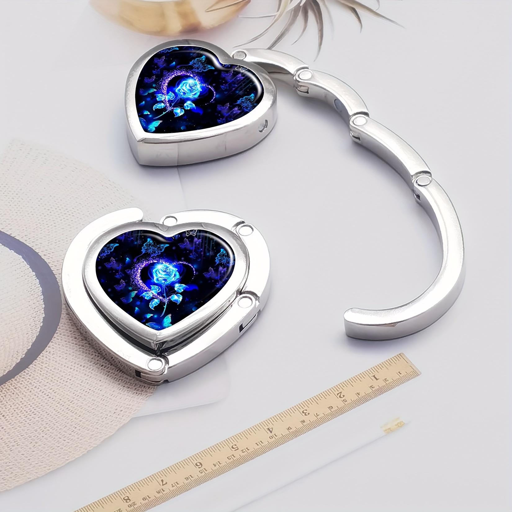 

Glowing Blue Rose Heart-shaped Foldable Purse Hanger - Portable Metal Table Hook For Bags & Keys