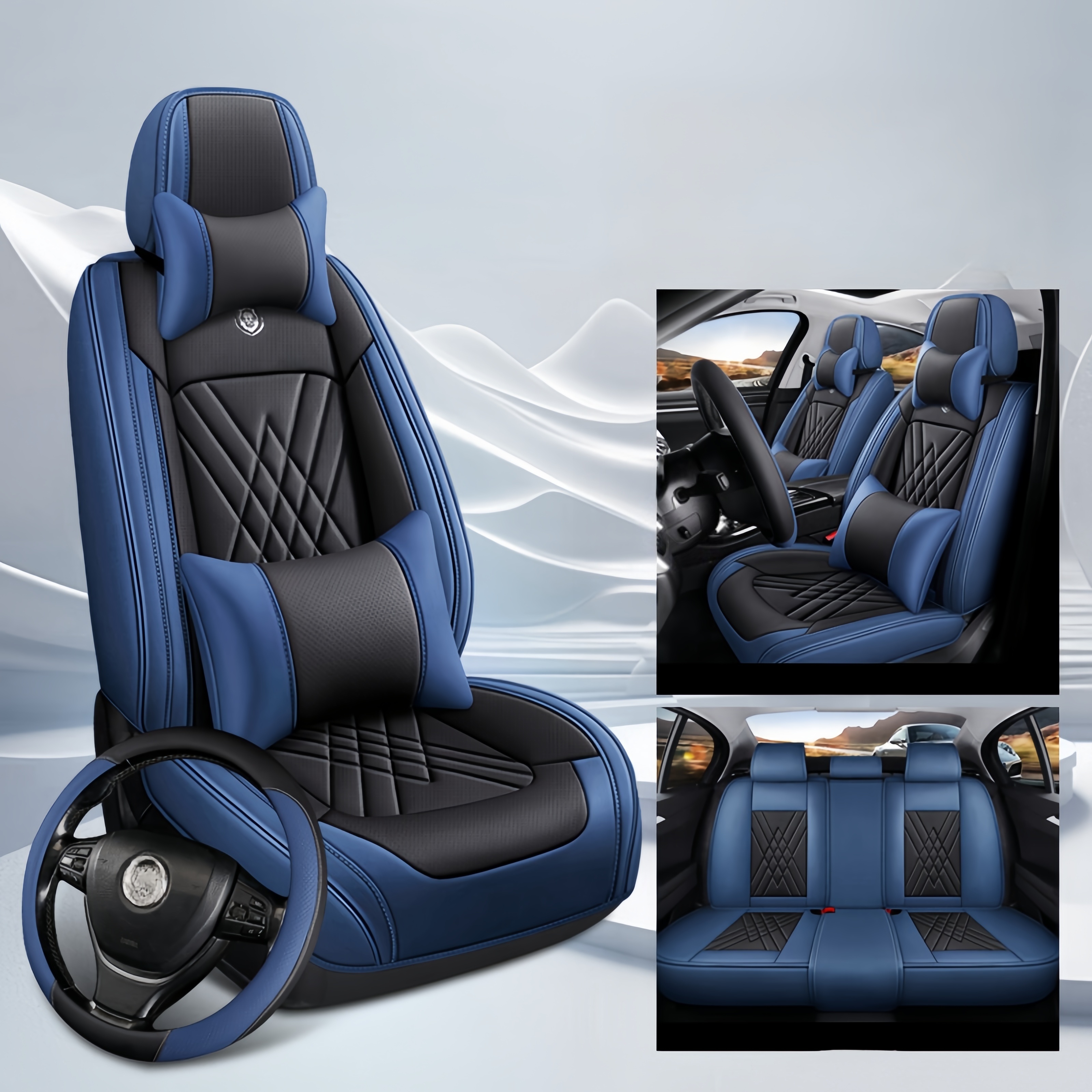 

Luxury Leather Car Seat Cover Set - Universal Fit Pu Leather Seat Protector With Detachable Headrest Covers For Cars, Suvs, And Trucks (blue/black)