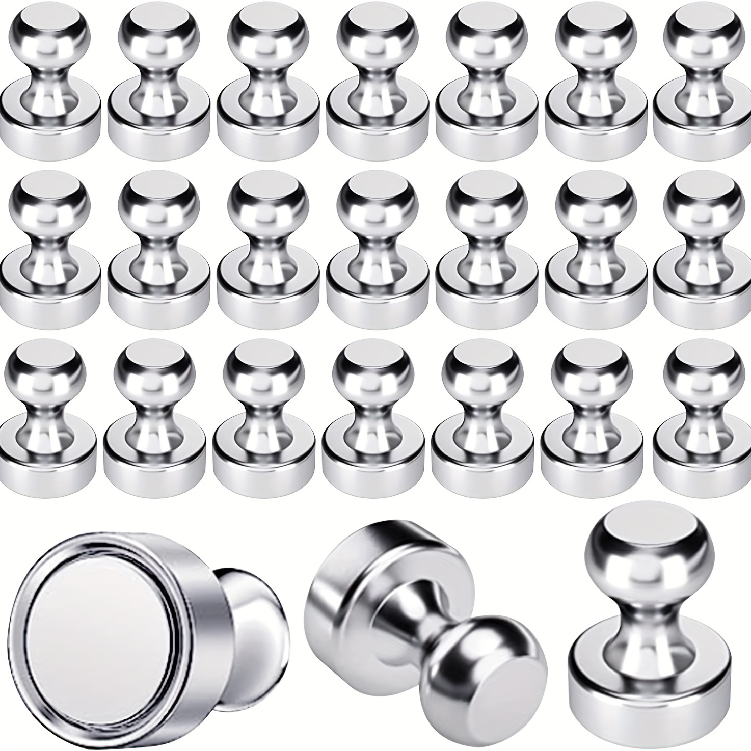 

Set Of 12 Round Magnets Suitable For Whiteboards, Silver Fridge Use, Push Pin Applications, And , Ideal For Office, Garage, And Kitchen Settings.