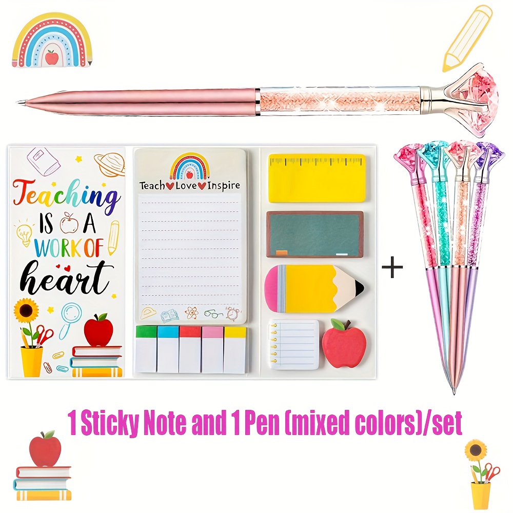 [ Notepad And Pen Set] Teaching Is Sticky Note Set, Colorful Self-adhesive Pads, Sticky Notes With Educational Designs, Back-to-school Supplies, Stationery, And Office Supplies