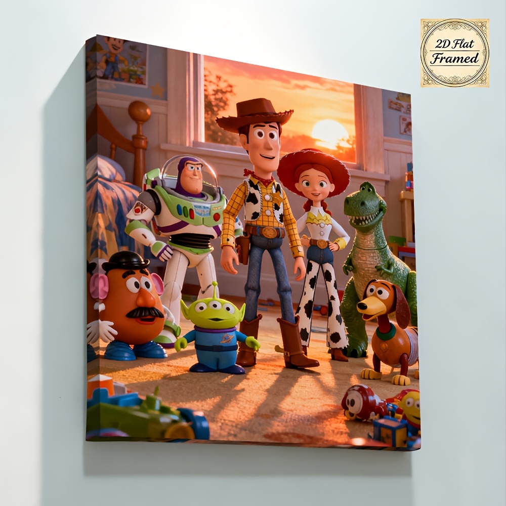 TEMU 2d Flat, 2d Flat, 1pc, Framed 2d Canvas Print, Toy Story Characters Group Shot, Suitable For Decorating Living Room, Bedroom, Home Office, Game