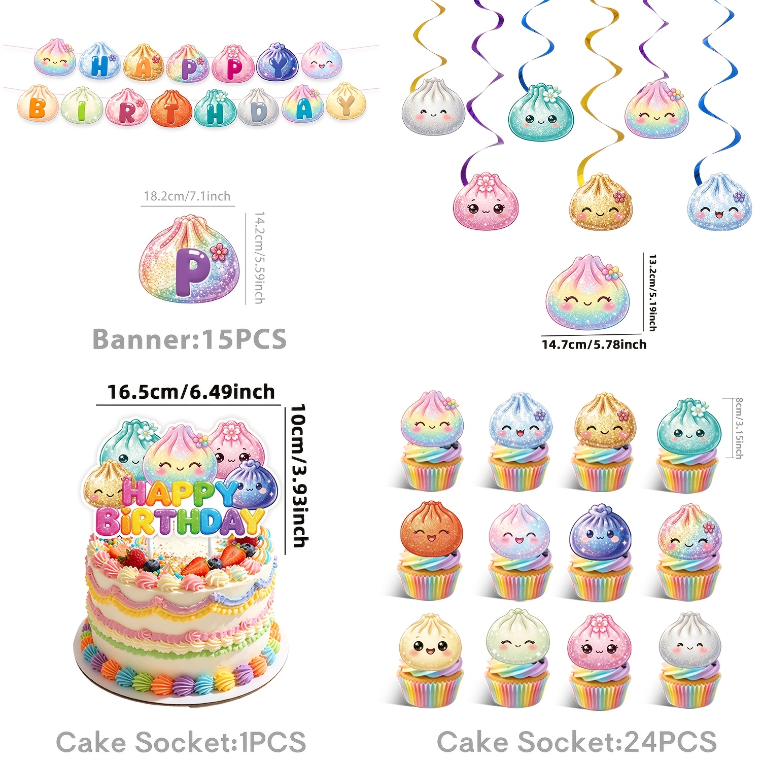TEMU 4pcs Set - Cute Sequin Dumpling-themed Birthday Party Decoration Set, Birthday Celebration Banner, Hanging Spiral Tassels, Cake And Cupcake