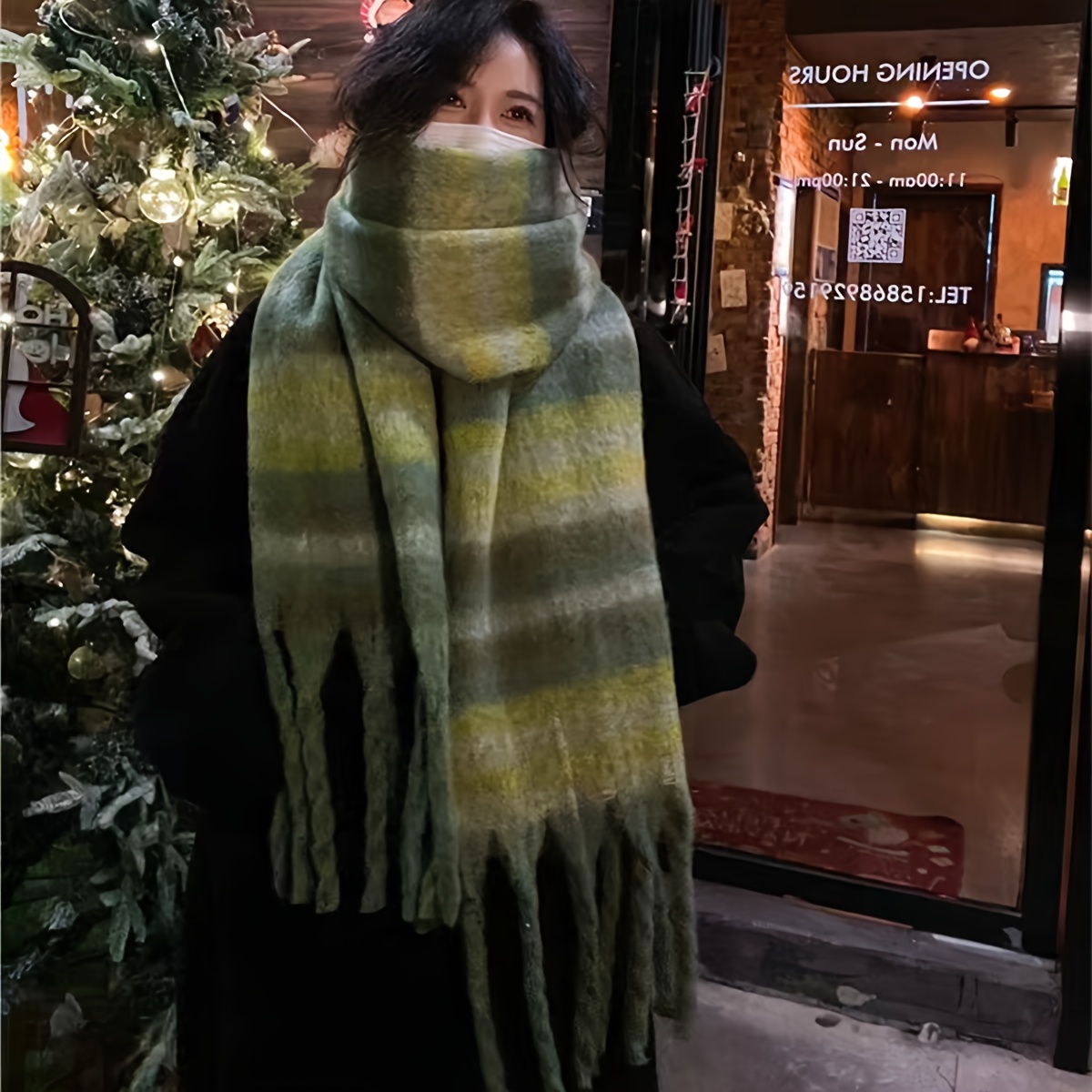Image of Vintage Striped Long Scarf With Fringe, Green, High-end Feel, Reversible Shawl For Couples