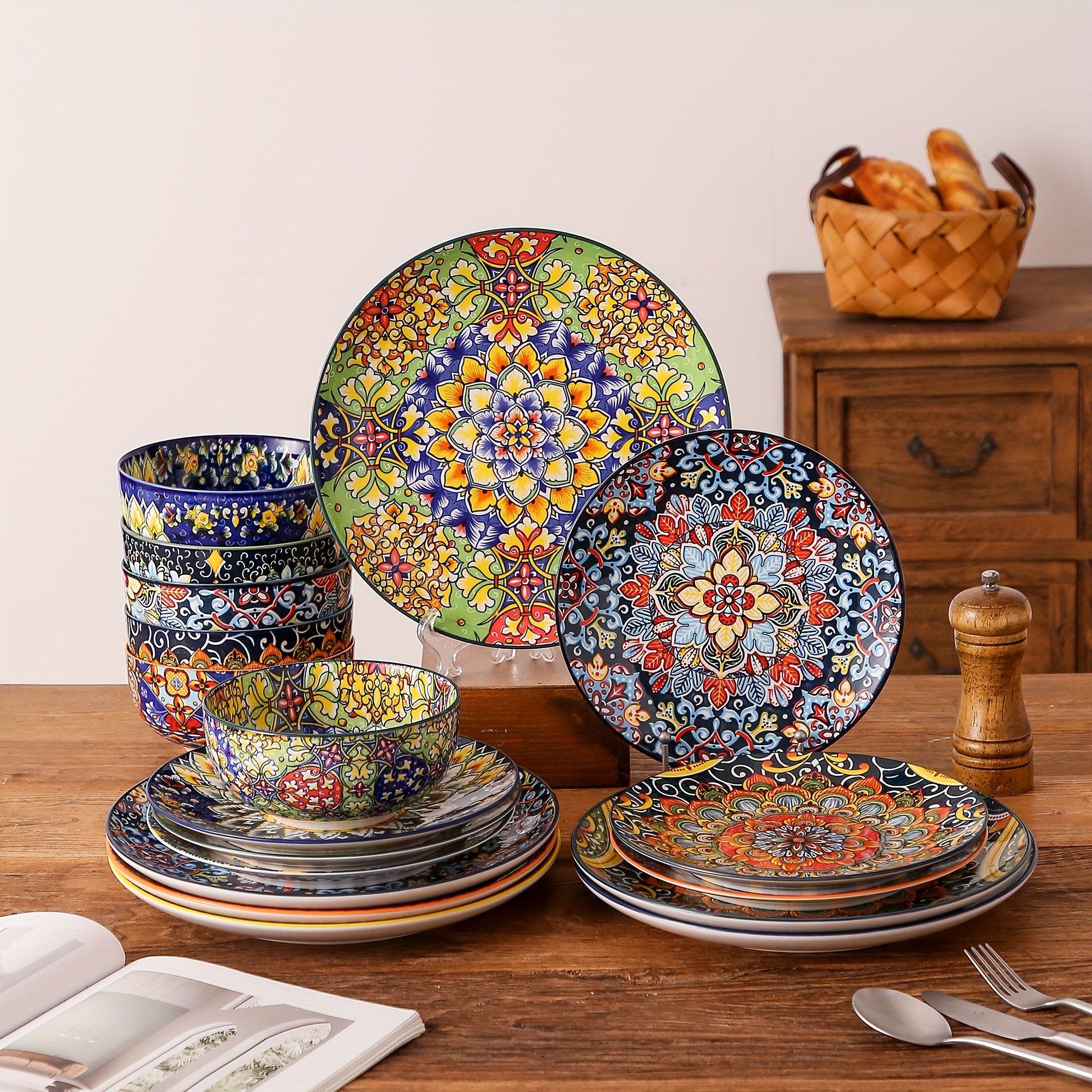 TEMU Service de vaisselle (18 pièces) pour 6 personnes, ensemble d'assiettes et de bohèmes avec assiette plate, assiette à dessert et bol, pour repas