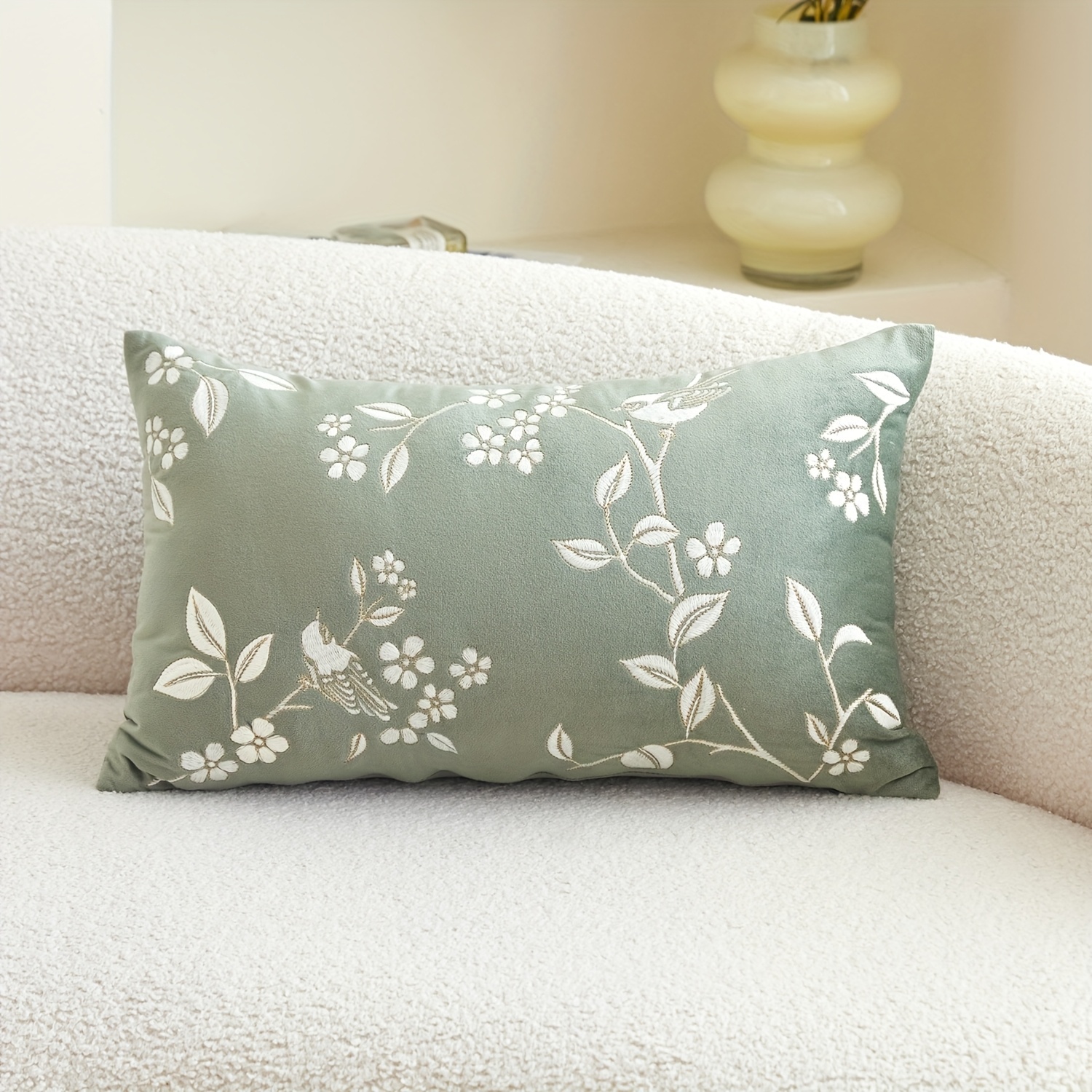 1pc, Velvet Pillowcase, Birds/floral Throw Pillow Cover, Single Side Embroidery, Suitable For Sofa, Living Room, Bedroom Home Decoration, No Pillow Core