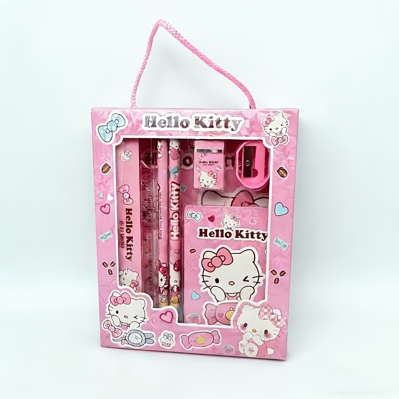 Image of Hello Kitty 6pcs Wooden Pencil Stationery Set, Including Wooden Pencils, Ruler, Notebook, Etc. – The Perfect Creative Gift Box For Holidays Or Parties, Featuring Drawing And Office Supplies