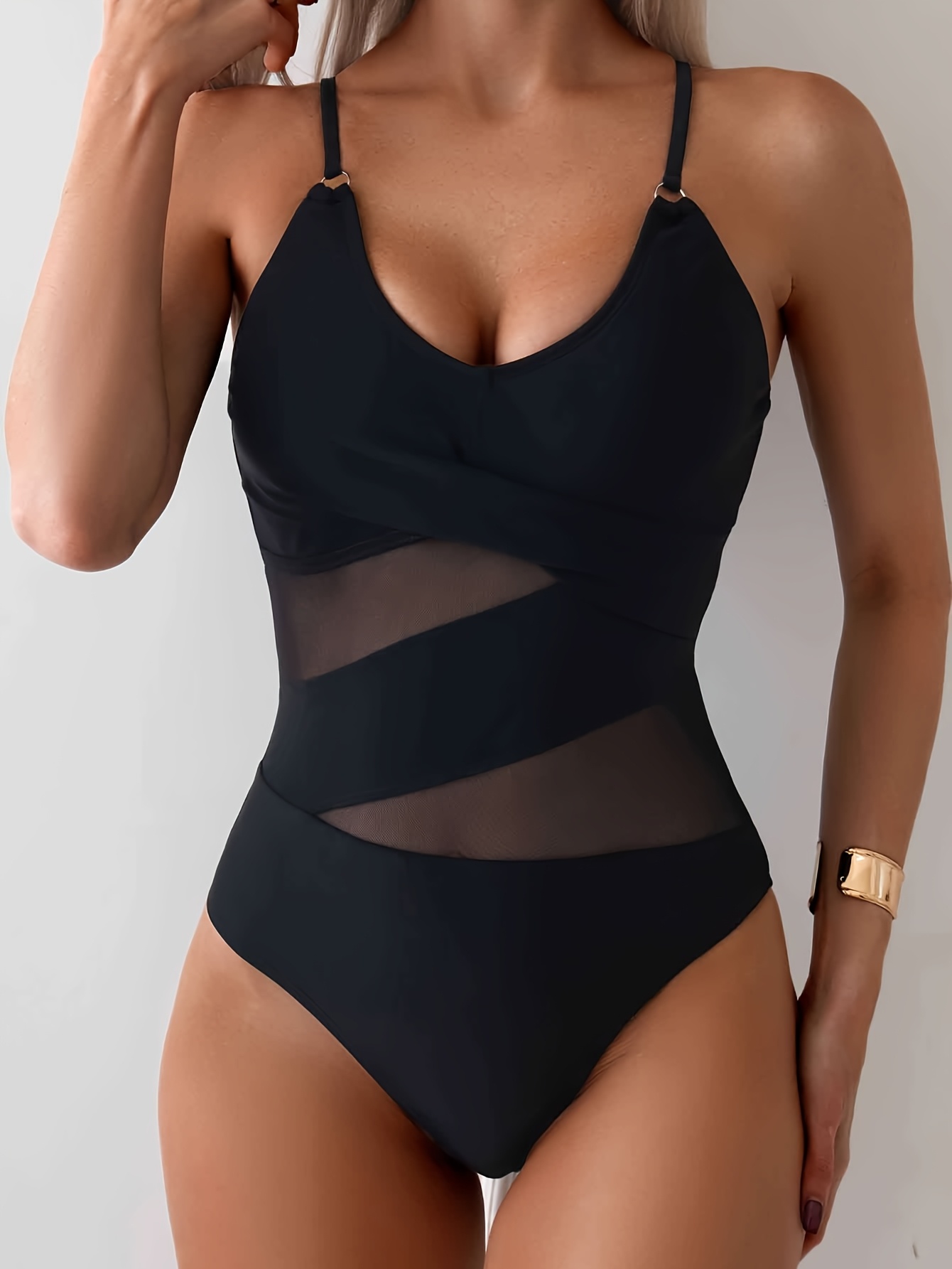 damenganzug mit hoher elastizität und herausnehmbaren brustpolstern & mesh-elementen - einfarbiges, lässiges chic-design für strand, pool oder wasser-aerobic, twist-front badebekleidung, bequeme schwimmanzüge 0