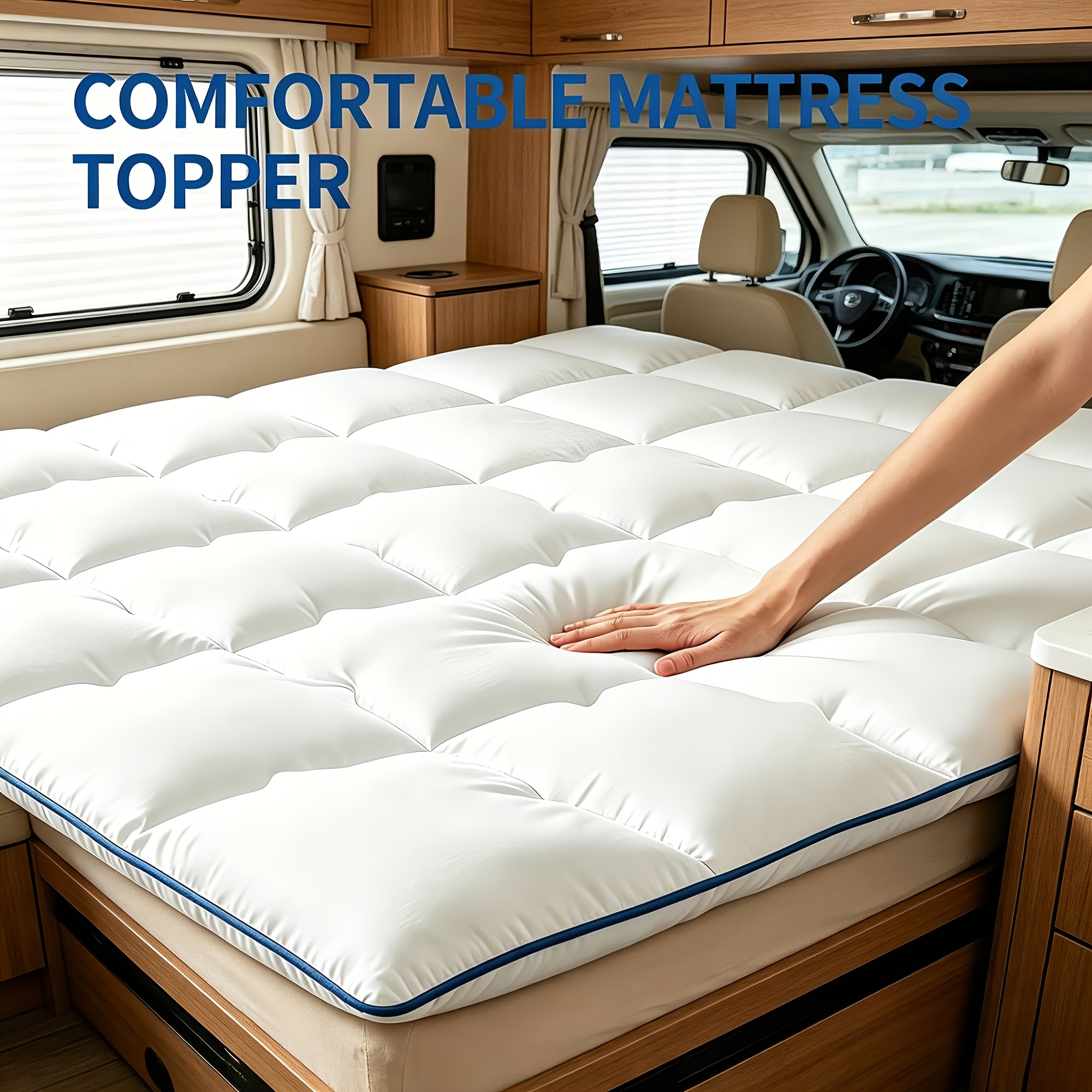 TEMU Rv Bedding, 800gsm Mattress Protector, Light And Fluffy, Filled, Strap Design To Prevent Slipping, Quilted Pattern, Resistant To Clumping And