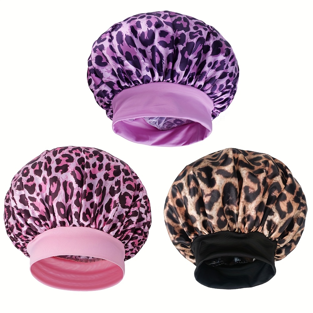 TEMU Ensemble de 3 bonnets de nuit à cheveux avec un motif léopard, luxueux bonnets de nuit à large bord en satin idéaux pour les cheveux bouclés -
