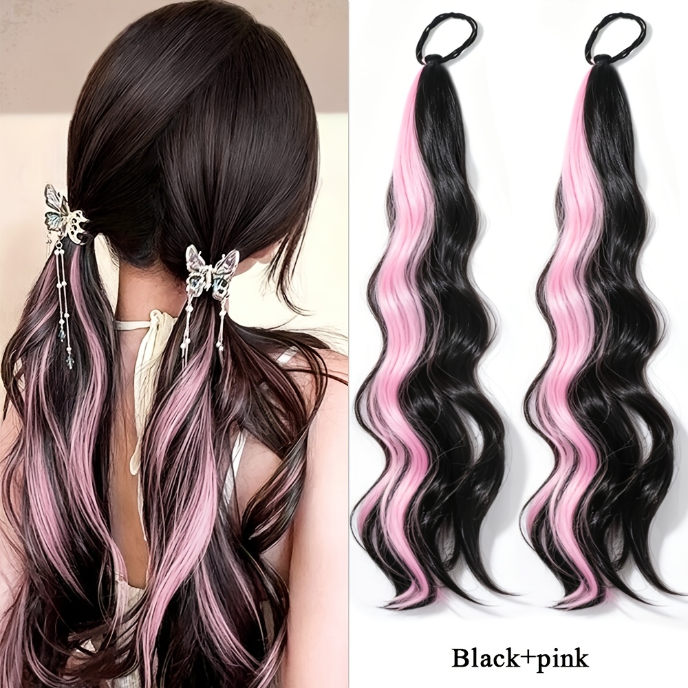 TEMU 2pcs 16-inch Colored Highlighted Wavy Ponytail Hair Extensions, Elastic Band Style Chemical Fiber Ponytail Hair Additions, Wigs, Suitable For