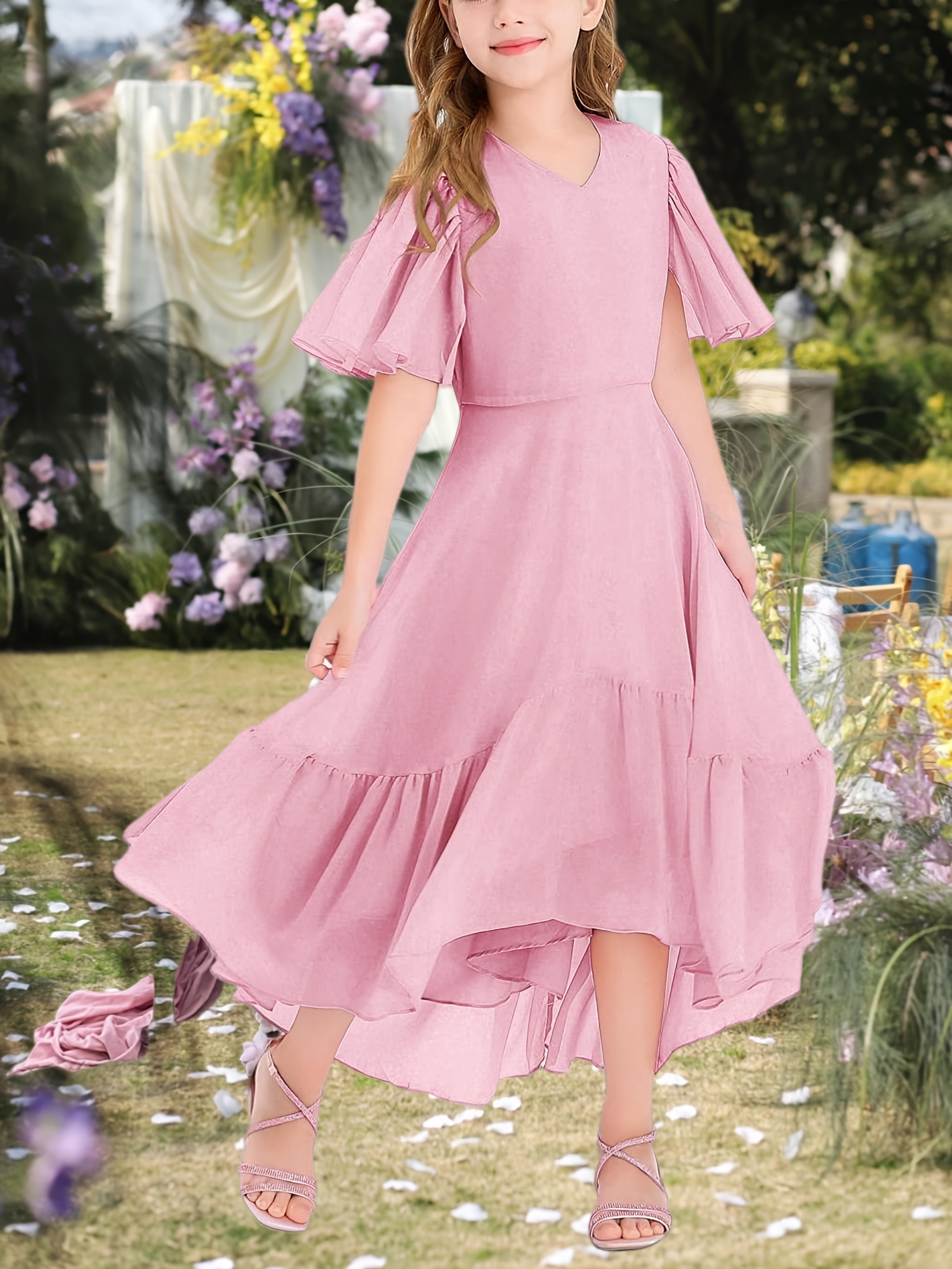 girls junior bridesmaid dress v neck ruffle short sleeve high low formal maxi dress a line flowy party outfit for girls 4 14y Product details 8
