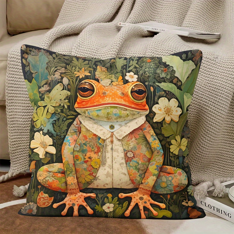 

1pc Floral Frog Pillow Covers 18x18inch, Vintage Art Nouveau, Housewarming Gift, Green Tones With Flowers, Unique Gift For Him