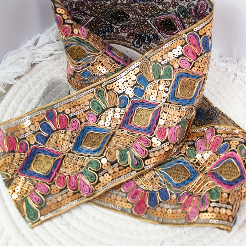 Image of 1 Yard \ 91.44cm \ 36in - 10.5cm Wide Special Sequin Thread Embroidery Lace Ethnic Style Belt Bag Clothing - Performance Clothing Additions Clothing Additions