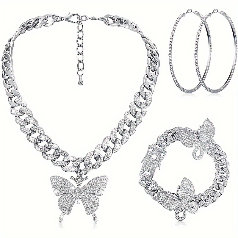 

3pcs Butterfly Cuban Jewelry Set Cuban Chain Necklace Women Rhinestone Butterfly Pendant Necklace Rhinestone Butterfly Bracelet Large Hoop Earrings Sparkling Earrings