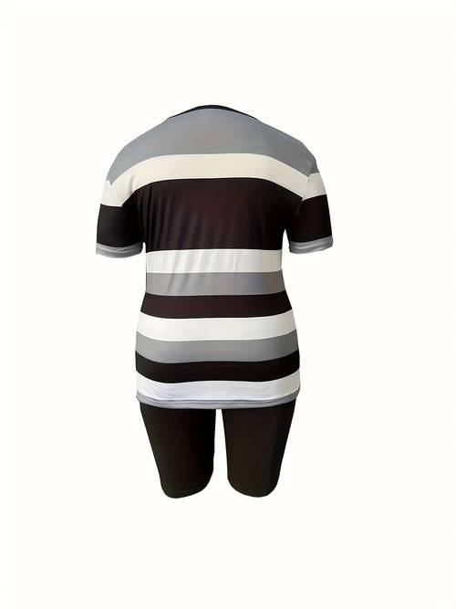 womens casual striped two piece set short sleeve crew neck top biker shorts machine washable spring printed 2pcs