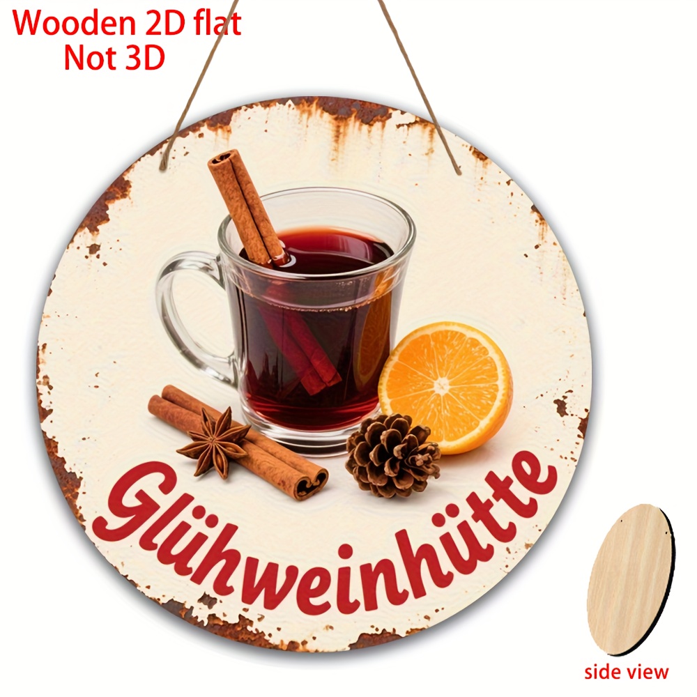 TEMU 1pc Vintage German Sign - Rustic Round Wall Decor With Lettering & Mulled Wine Cup Design - 8x8 Inch 2d Flat Hanging Decoration For Christmas,