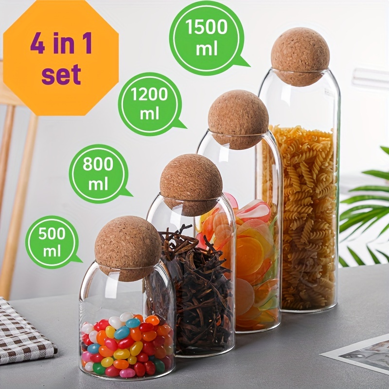 

Glass Storage Jars Set With Cork Lids - 4-in-1 Multipurpose Round Canisters - Reusable, Dishwasher Safe Food Containers For Pantry Organization - (500ml, 800ml, 1200ml, 1500ml)