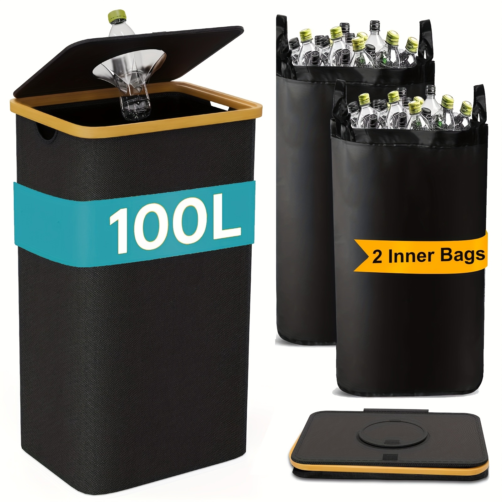 1 Unit 100-liter Indoor Collection Bin With 2pcs Reusable Inner Bags, Each Inner Bag Can Collect About 35pcs Bottles, Large Capacity Bin, Suitable For Kitchen Recycling
