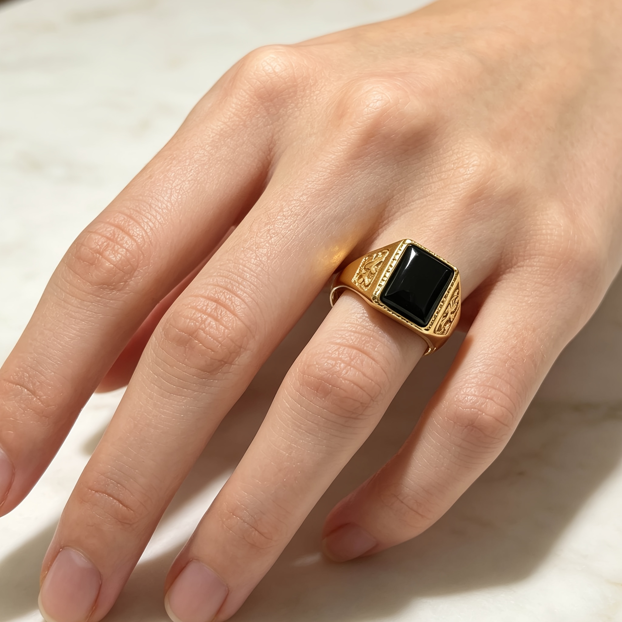 Men's Embossed Pattern Adjustable Open Band Signet Ring