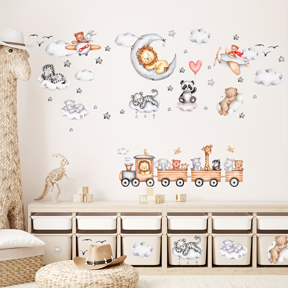 Cartoon Cute Animal Train Wall Sticker - Lion, Elephant, Stars, Moon - Self-adhesive Wallpaper For Children's Room Decoration