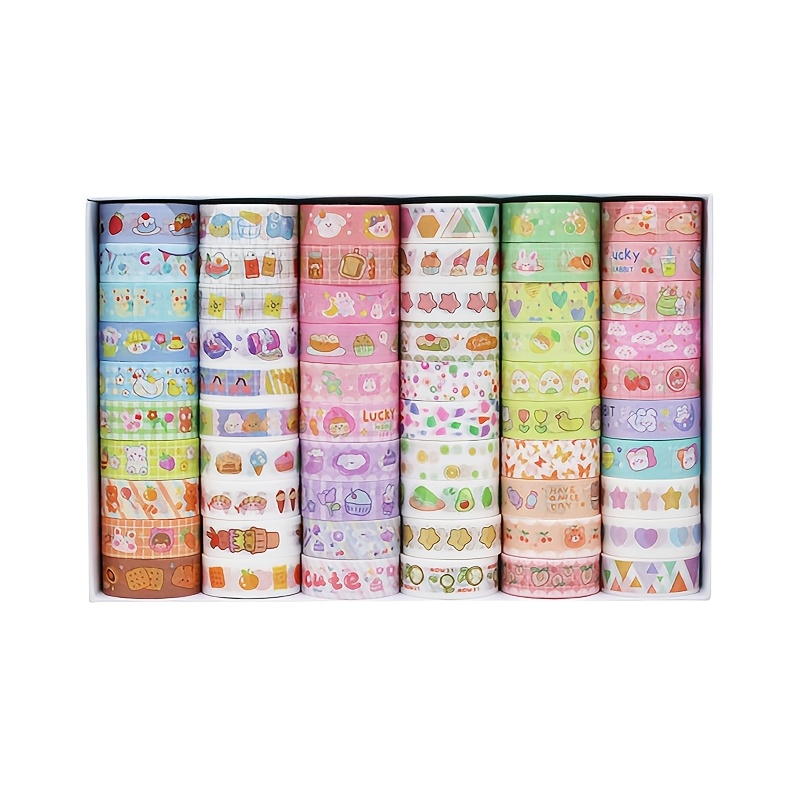 TEMU Lot de 60 rouleaux de ruban washi japonais pour journaling, scrapbooking, loisirs créatifs - Boîte en bois avec ruban adhésif autocollant sur le