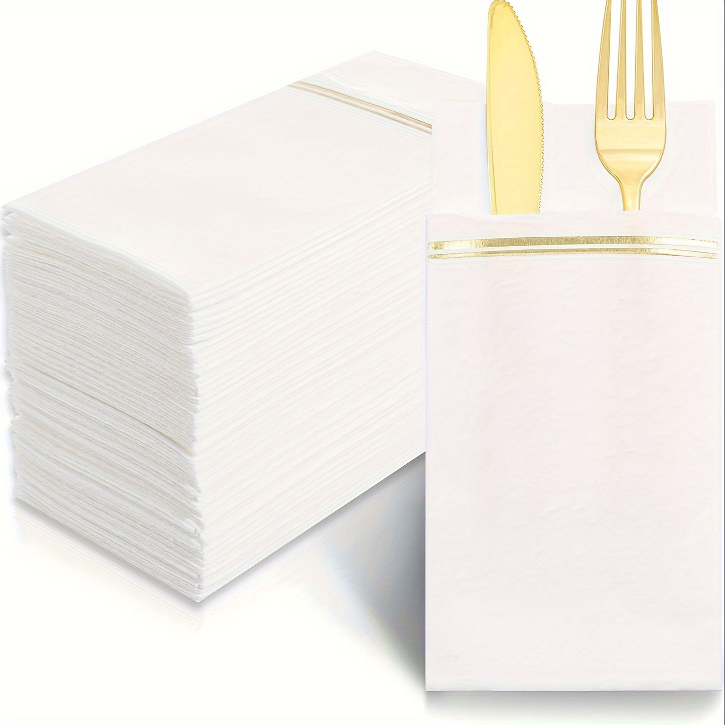 

100pcs White And Gold Paper Napkins - Disposable Napkins Built-in Flatware Pocket Prefolded - Heavy Duty Linen Feel Dinner Napkins For Wedding & Party