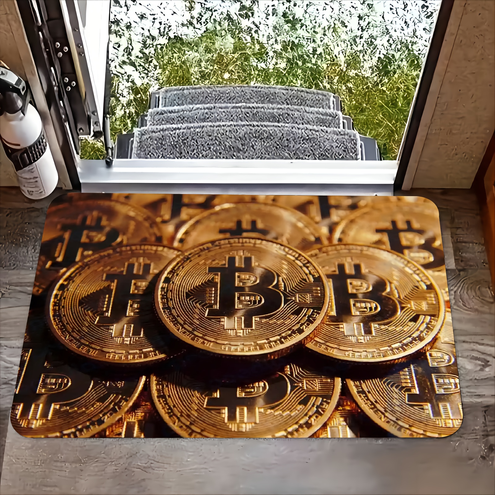 

1pc Bitcoin Design Doormat, Machine Washable, Water-resistant, Non-slip Polyester Rectangular Rug, Stain-resistant Knit Weave For Indoor/outdoor Use, Ideal For Entryway, Patio, Kitchen, Bathroom