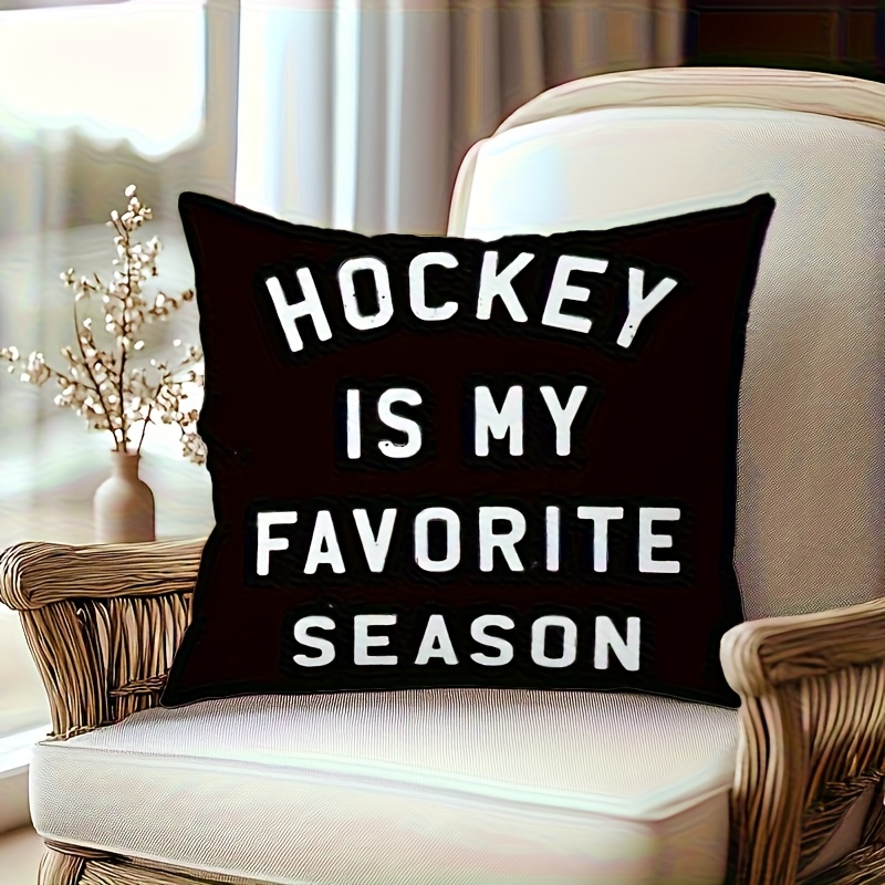 TEMU 1pc Hockey Season Decorative Pillow Cover - 18x18 Inches, Black Background With White Text "hockey Is Season" - Soft Plush Material, Machine