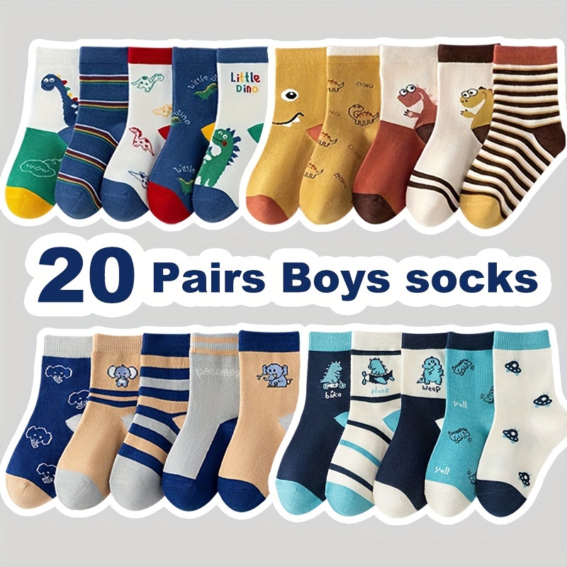 20-pack Cartoon Cute Dinosaur Kids Socks For Boys, Stylish Versatile Mid-calf Socks, Soft Comfortable Durable For