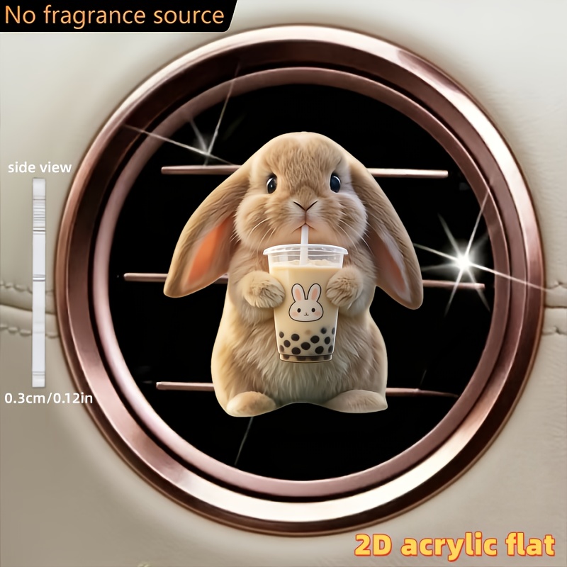 TEMU 2d Flat, 1pc Cute Rabbit Holding A Milk Tea Pattern Car Air Vent Clip Decoration, "car Fragrance Diffuser", "fragrance Not Included", Comes With