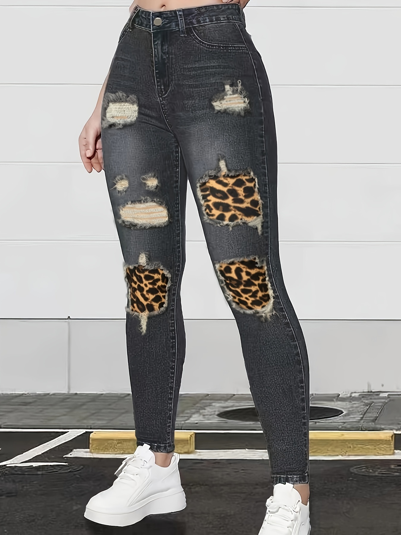 Leopard Print Distressed Denim Patch Leopard Print Womens Ripped