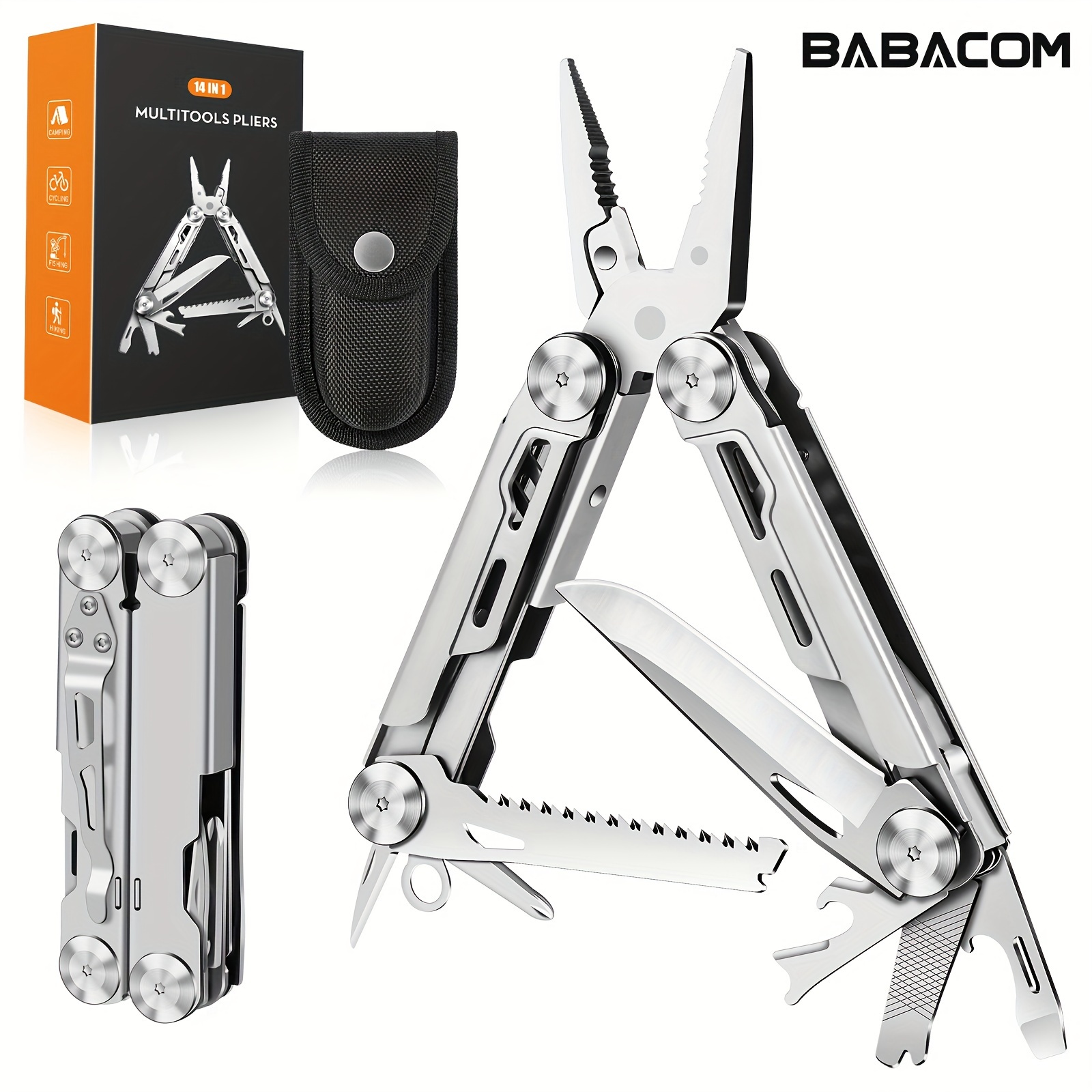 

Babacom Multi Tool, Gifts For Men, 14-in-1 Stainless Steel Foldable Multitool Pliers With Wire Cutter, Knife, Saw, Screwdrivers, Bottle/can Opener, Paper Knife, Edc Gadgets For Camping, Repairing, Diy