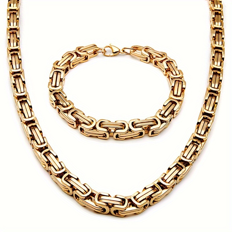 

2pcs Golden Stainless Steel Bracelet Necklace Bracelet Set, Hip Hop Fashion Accessories