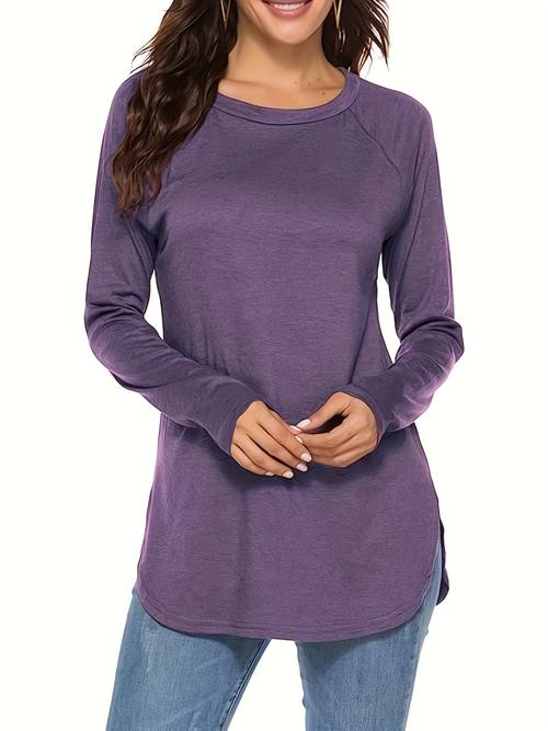 womens fall winter curved hem long sleeve solid color top