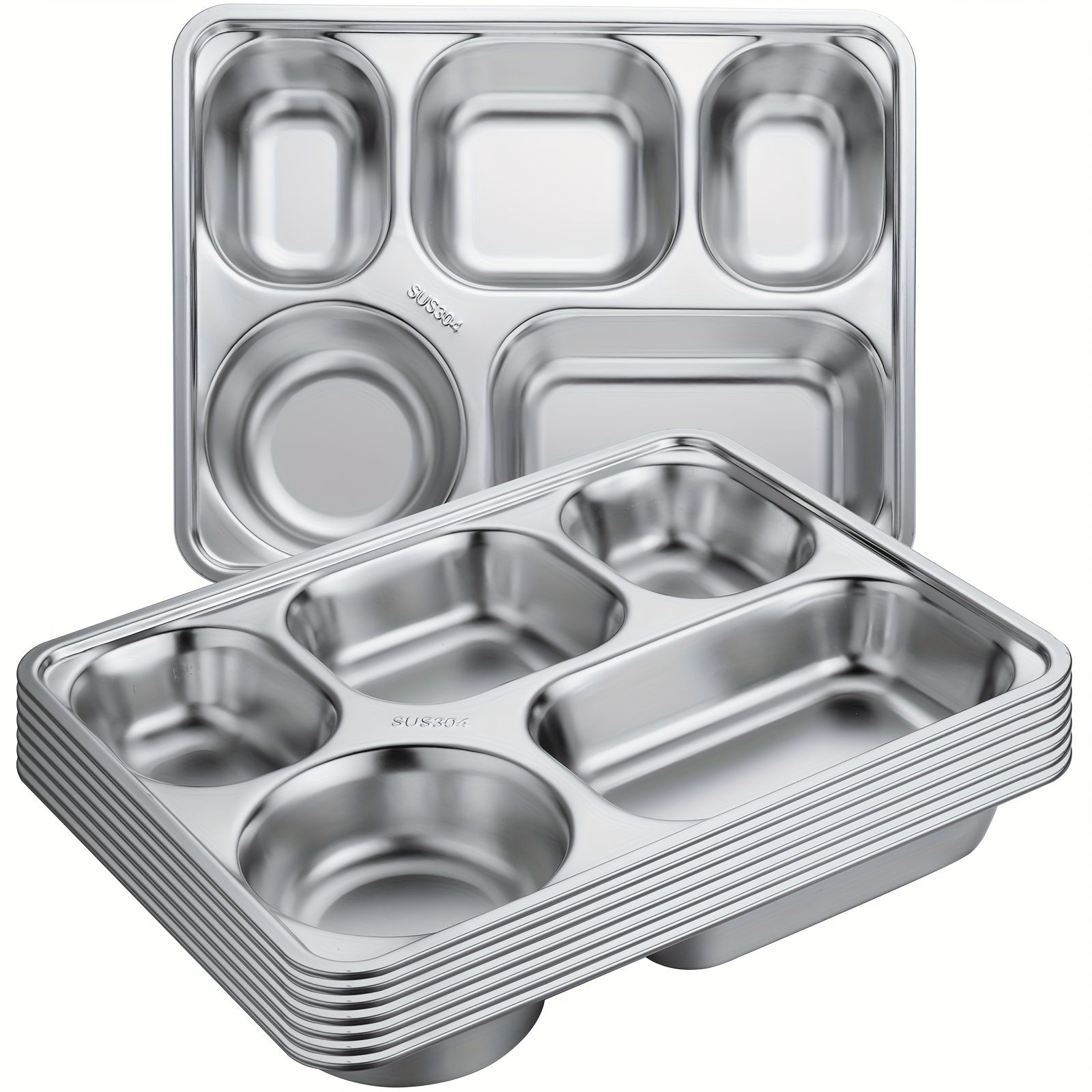 8pcs Stainless Steel Divided Dinner Tray Rectangular 5 Sections Dinner Plates Metal Portion Control Plate Divided Plates Campers Compartment Plates Serving Plate Dividers