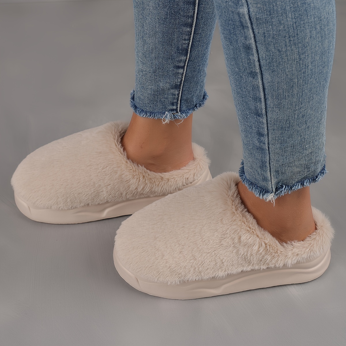 

Elegant Women's And Men's Winter Slippers Solid Color Thick Sole Warm Plush Cotton Slip-on House Shoes, Cixi Production Area, Cozy Furry Indoor Couples Footwear With Eva Sole