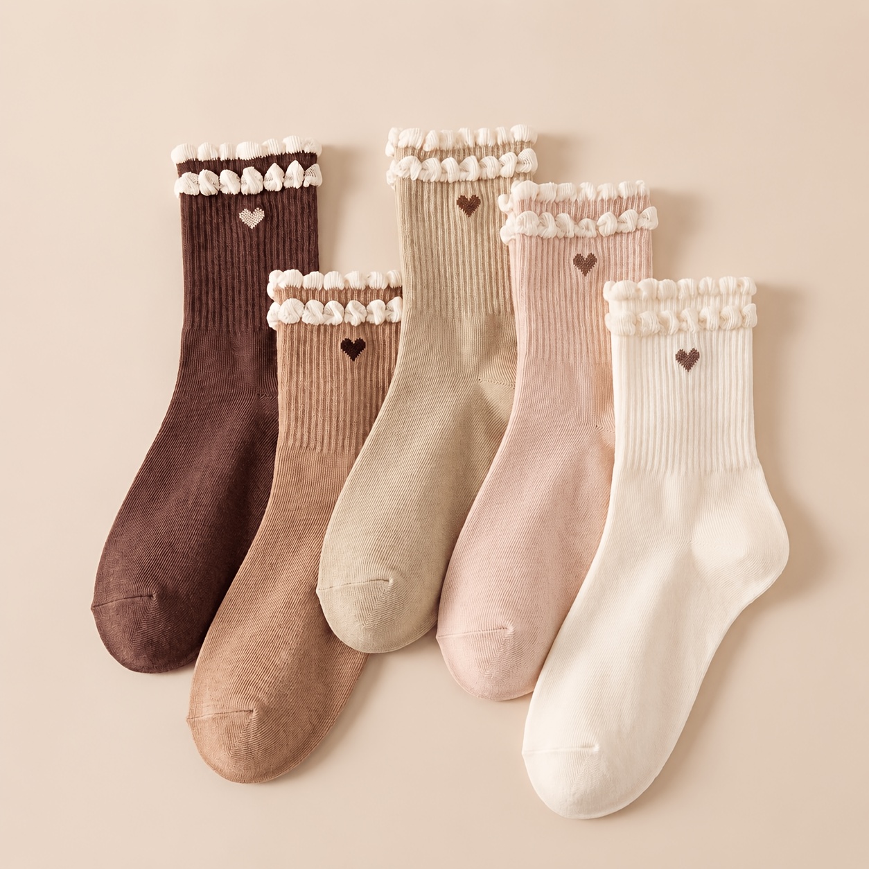 TEMU 5 Pairs Of Umami-colored Wood Ear Mid-calf Women's Socks, Small Heart Pattern Retro Coffee Light Pink Beige All-match Casual Socks