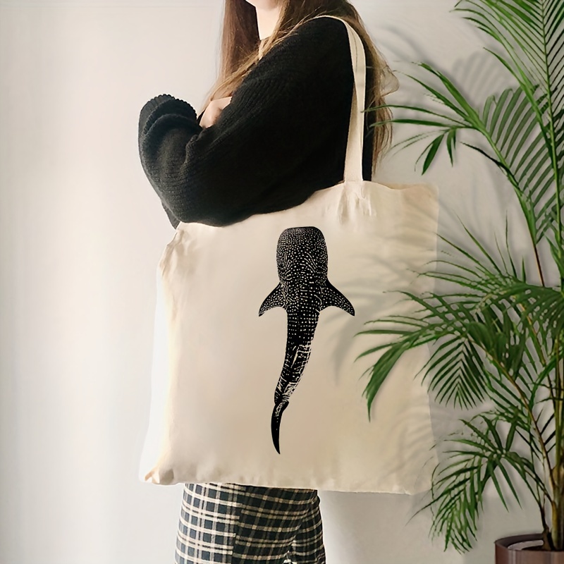 

1pc Whale Shark Print Canvas Tote Bag, Fashionable Foldable Lightweight Polyester Shoulder Bag, Fade Resistant Open For Travel, Daily , Shopping, Beach Vacation - Reusable Bag