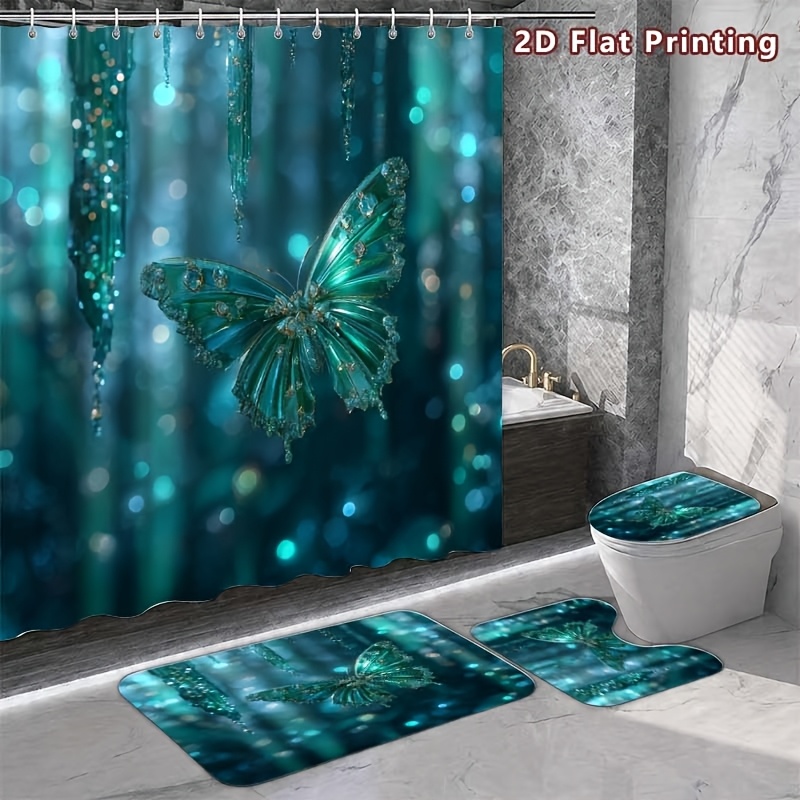 4pcs Dreamy Butterfly Shower Curtain Set with Bathroom Accessories