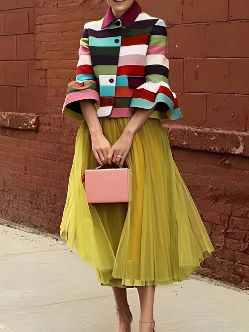 item picture womens fashion flared sleeve multi color striped lapel jacket coat