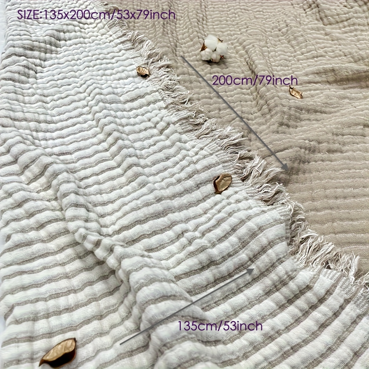 Image of Luxurious Muslin Blanket With Tassels - Soft, Light Beige-friendly, Breathable Striped Throw In Beige & White - Perfect For Couch, Bedroom, Yoga, Beach, And Use - Ideal Gift For