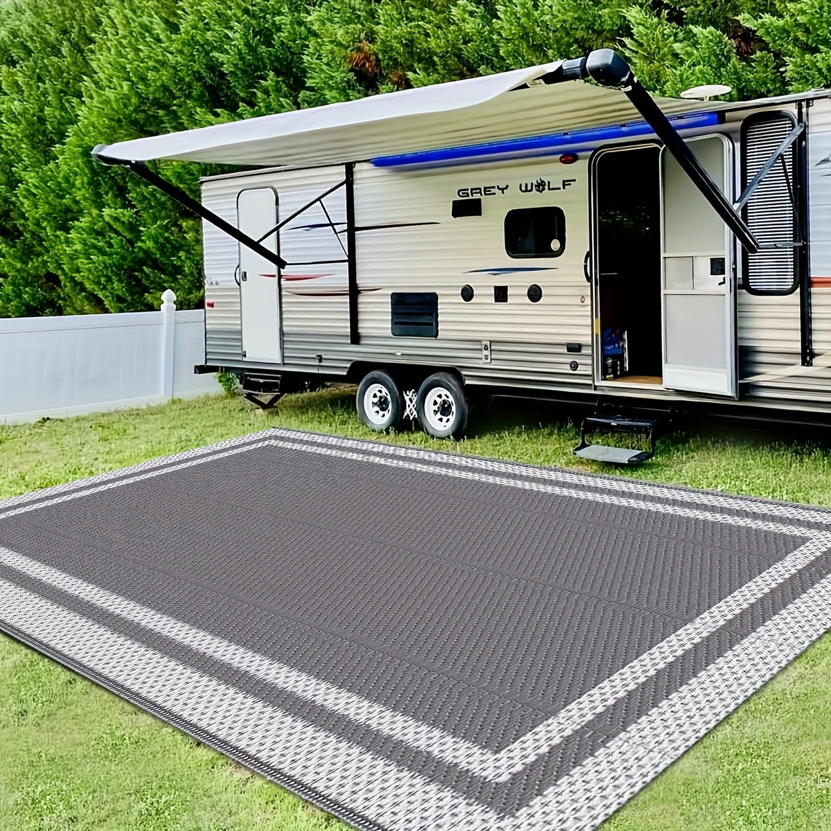 large outdoor rug with 4 sand stakes carry handle reversible modern striped design durable plastic all weather patio mat for rv deck camping beach gray white   folds