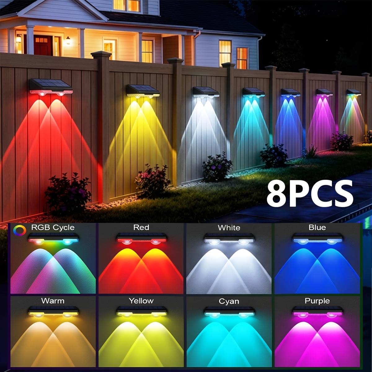 Image of Solar Fence Lights, Outdoor Wall Lights, Wall Mount Solar Light, Rgb Color Changing, Ip44, , 1500mah Battery, 7 Fixed&1 , 2/4/6/8/10pcs, Garden Patio Deck Yard Decoration