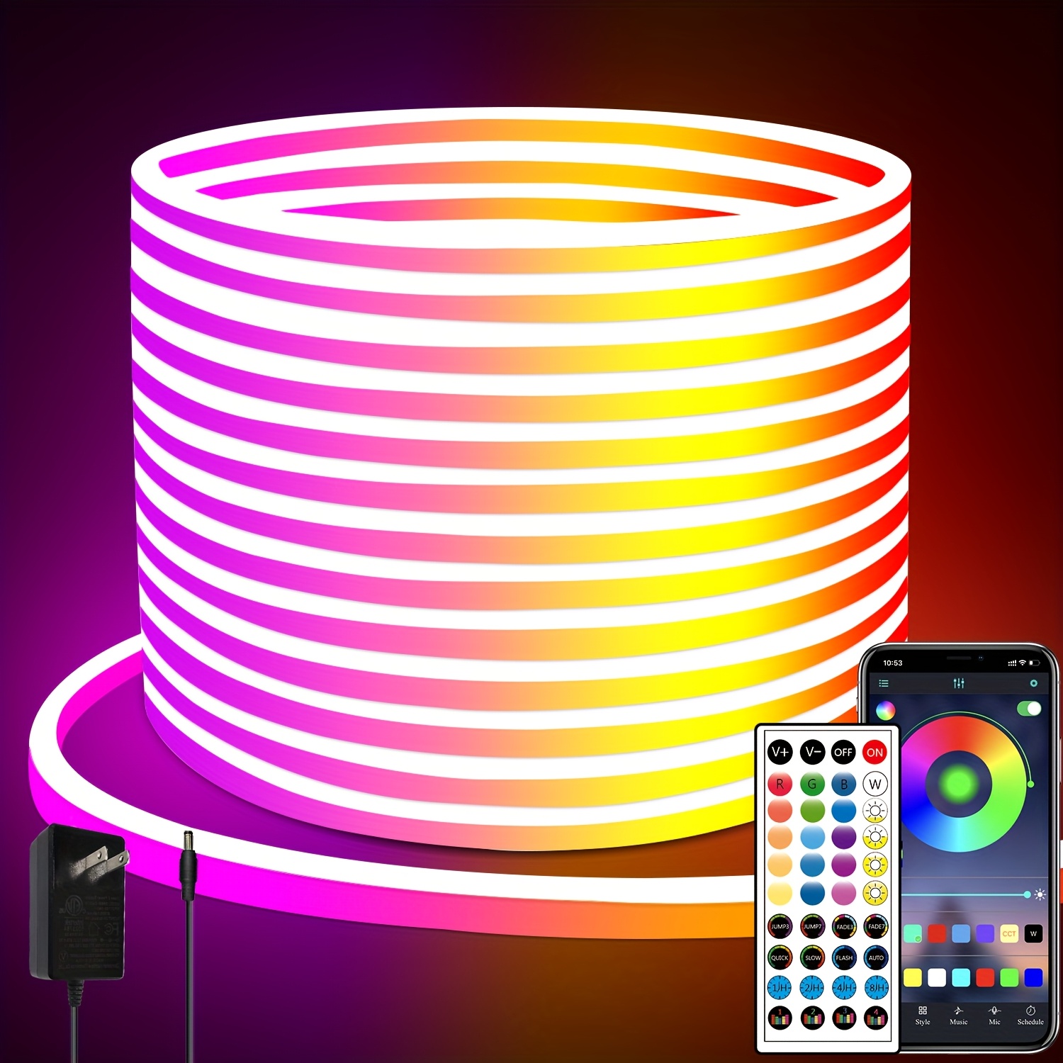 TEMU 66ft Led Neon Lights Featuring Remote App Control, Flexible Neon Strip Lights, 24v Rgb Led Rope Lights For Bedroom Decoration