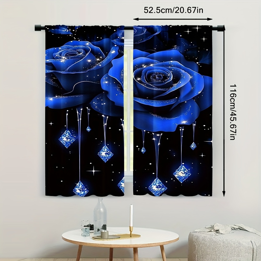 TEMU 2pcs Blue Roses & Sparkling Stars Wedding Curtains - 100% Polyester Semi-sheer Window Drapes, Machine Washable, Multiple Sizes (29.5x65.3in,